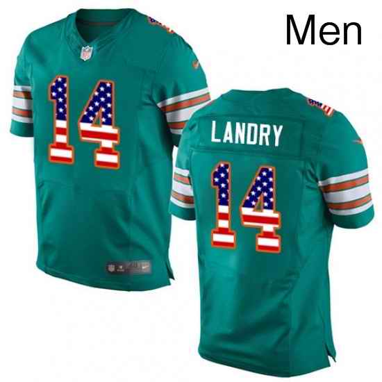 Mens Nike Miami Dolphins 14 Jarvis Landry Elite Aqua Green Alternate USA Flag Fashion NFL Jersey